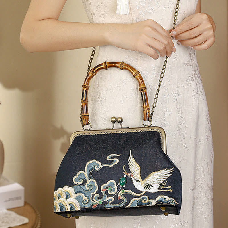 Auspicious Clouds Cranes Embroidery Bamboo Handle Handbag