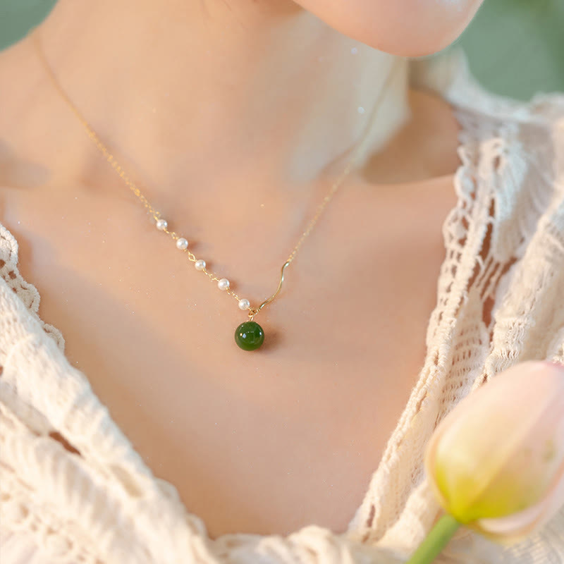 Natural Hetian Jade Pearl Luck Bead Necklace for Prosperity