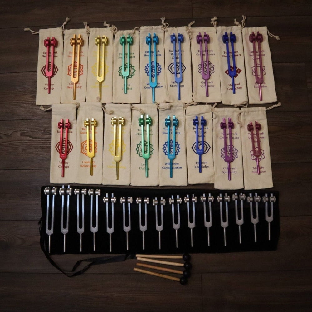 Colorful embroidered sword designs on fabric, featured in 34pc Solfeggio & Chakra Set