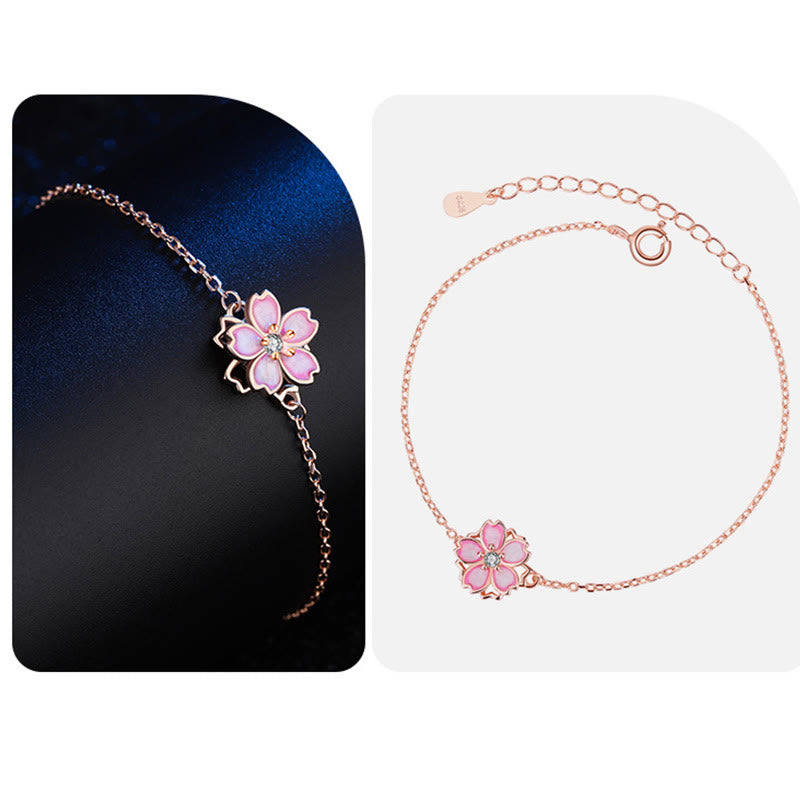 925 Sterling Silver Cherry Blossom Blessing Chain Bracelet with Rotatable Ring