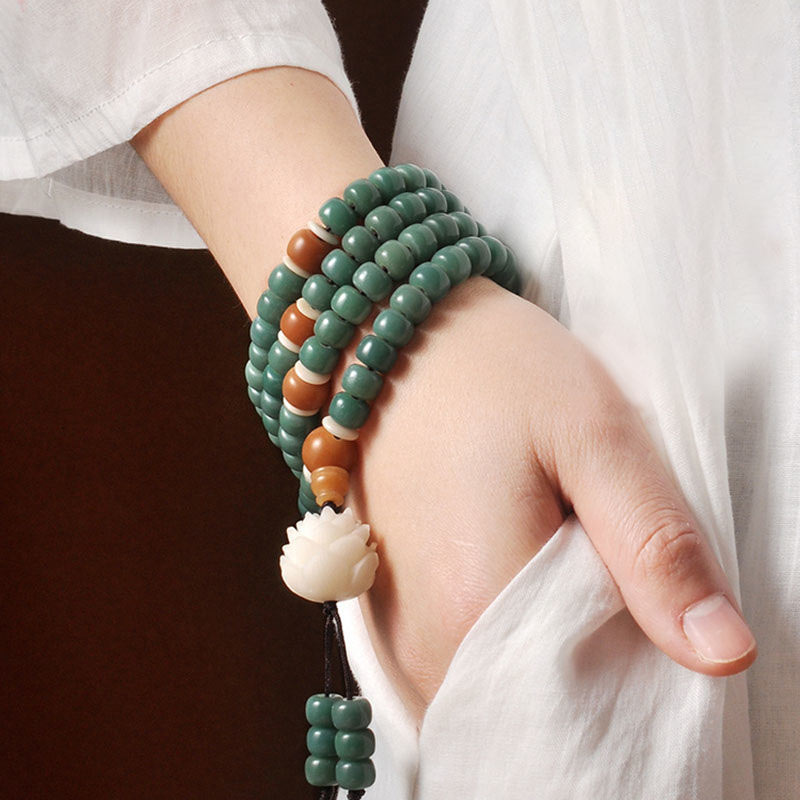 108-Bead Bodhi Seed Success Bracelet with Lotus Symbol