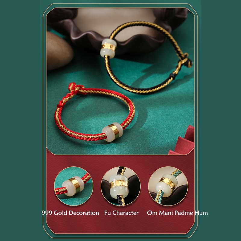 999 Gold Hetian White Jade Om Mani Padme Hum Fu Luck Bracelet