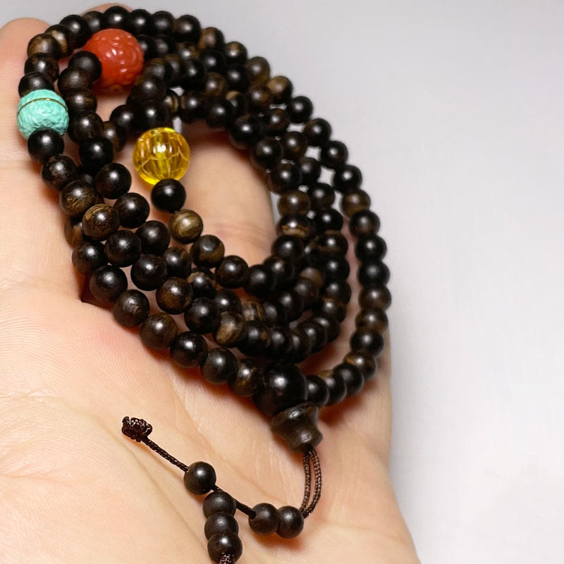Agarwood Bracelet with Turquoise Amber & Red Agate for Strength