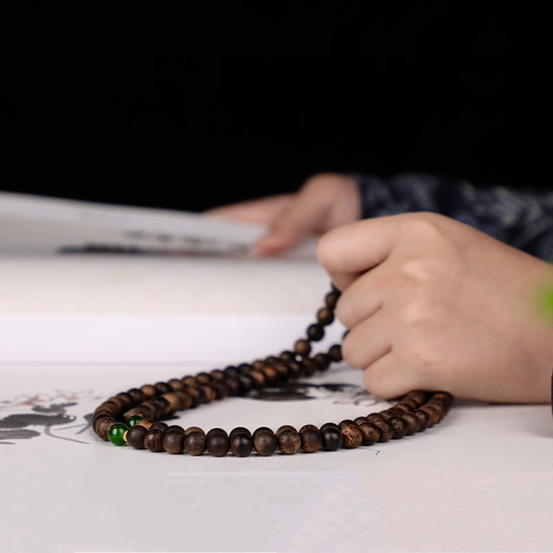 108 Beads Agarwood Cyan Jade Wood Mala Bracelet for Protection