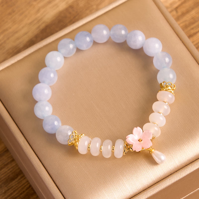 Aquamarine White Agate Flower Healing Bracelet 14cm