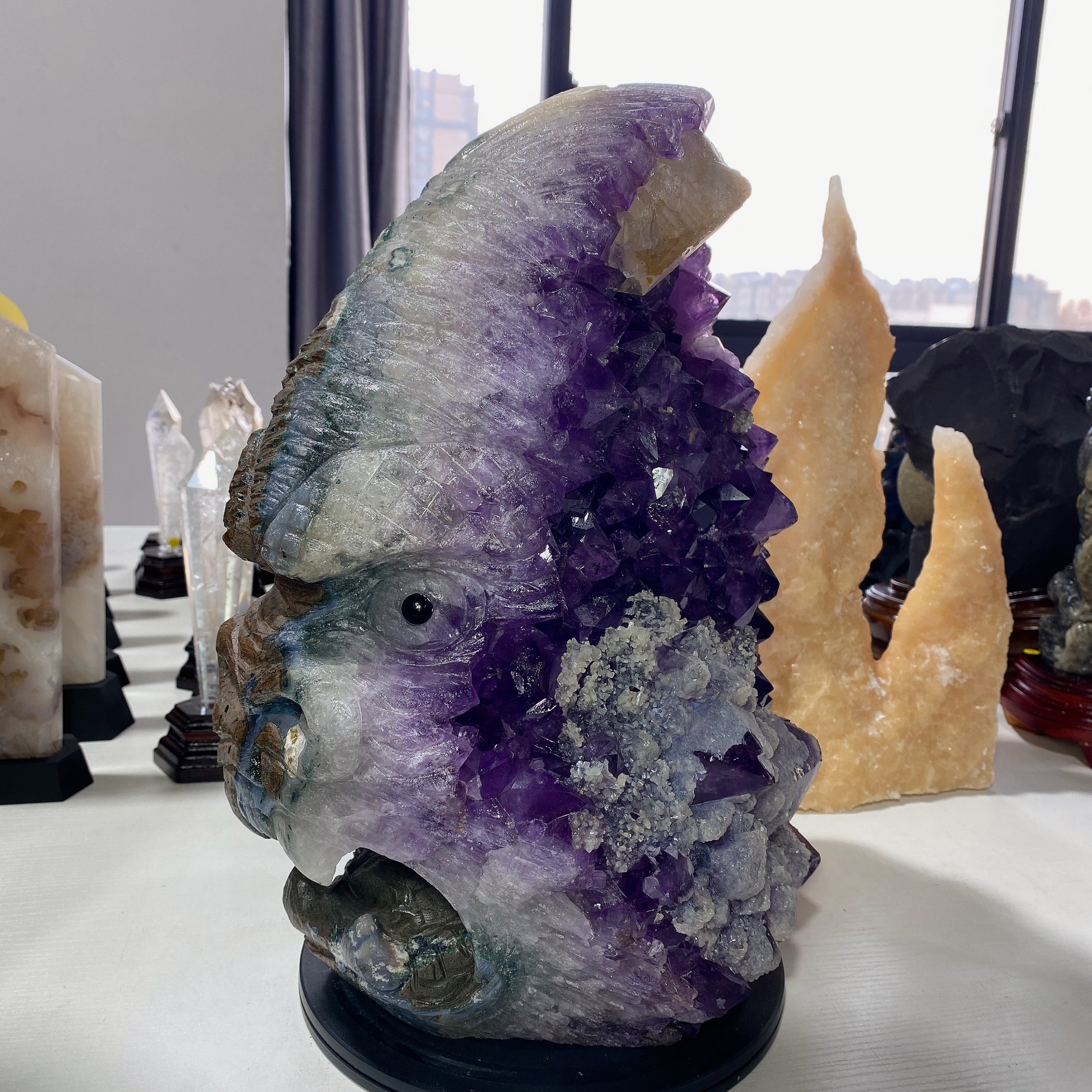 36cm Amethyst Crystal Figurine Kong Kim Carving