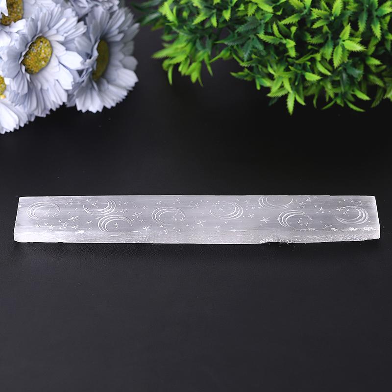 Baguette en cristal de sélénite de 8 po avec gravure de lune