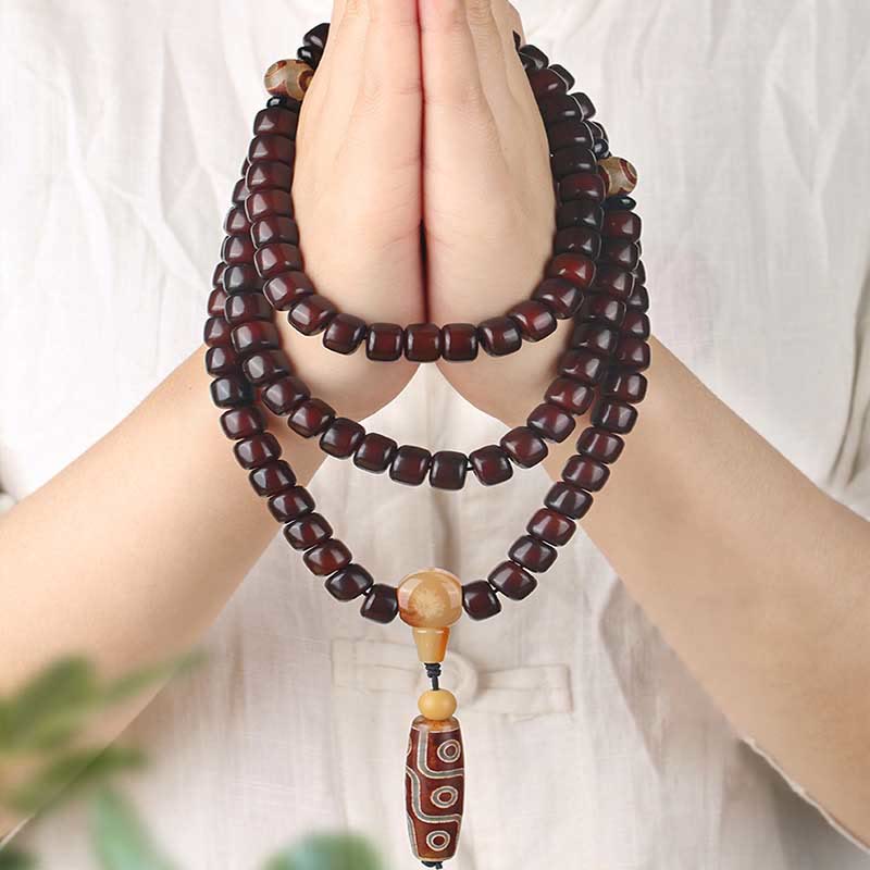 108 Mala Beads Three-eyed Nine-eye Dzi Jade Luck Bracelet