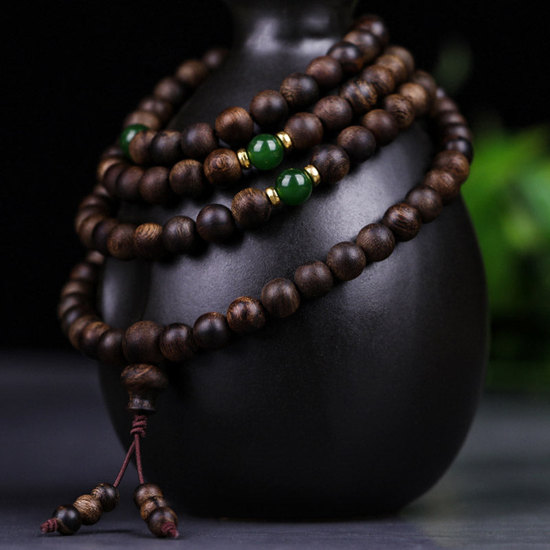 108 Beads Agarwood Cyan Jade Wood Mala Bracelet for Protection