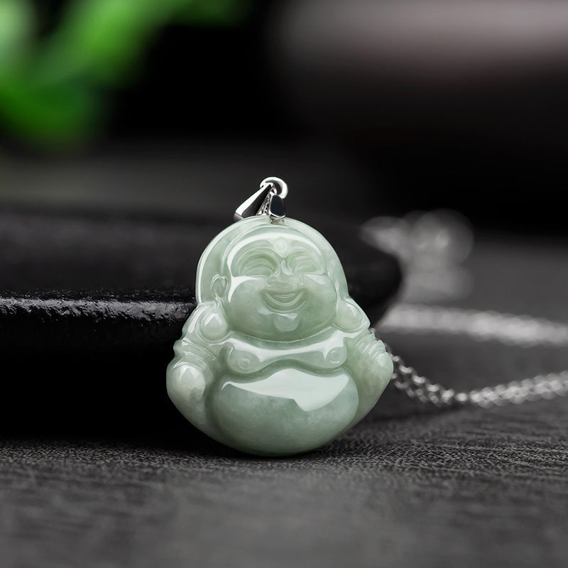 925 Sterling Silver Jade Laughing Buddha Necklace for Prosperity
