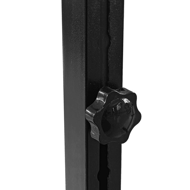 Black plastic adjustment knob on metal rail of 38-inch Gong Stand with wheels