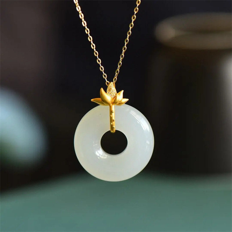 White Jade Lotus Harmony Necklace 40cm Pendant