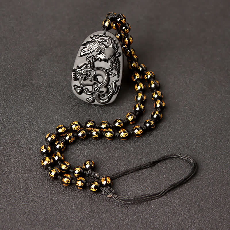 Black Obsidian Dragon Necklace with Tiger Eye Pendant for Protection