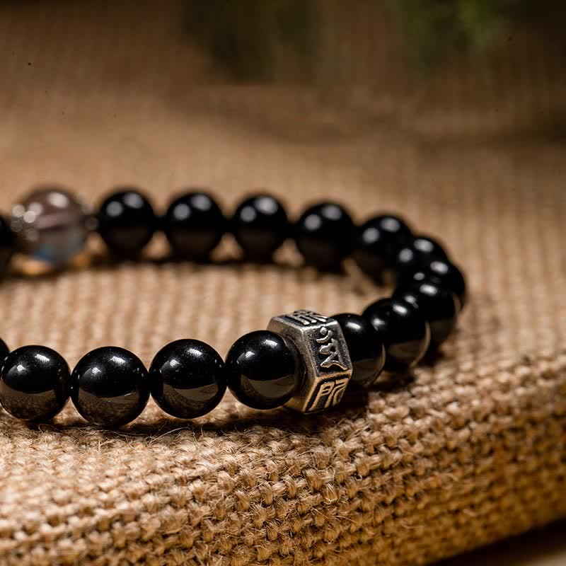 Unisex 8mm Chinese Zodiac Strength Bracelet in Obsidian & Moonstone