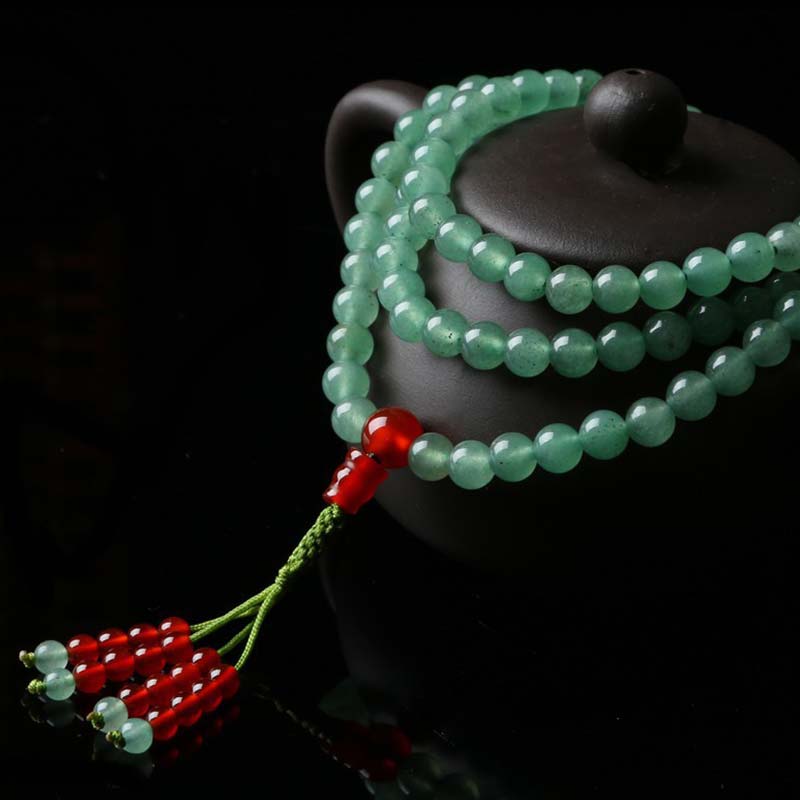 108 Bead Mala Bracelet Green Aventurine & Red Agate for Luck