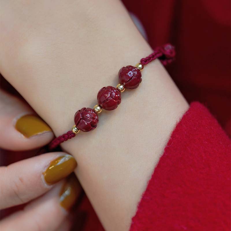 Adjustable Cinnabar Jade Red String Lotus Bracelet for Calm