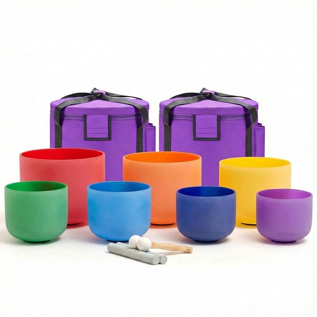 Ensemble de bols chantants en cristal de chakra coloré - 7 pièces de 6 à 14 pouces