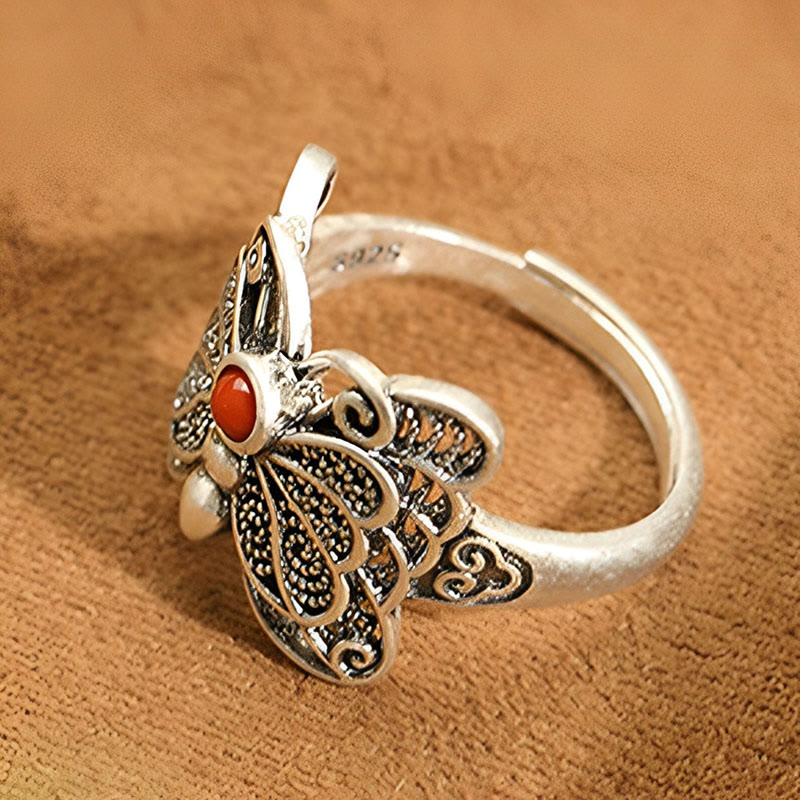Red Agate Butterfly Ring & Earrings Set for Self-Acceptance