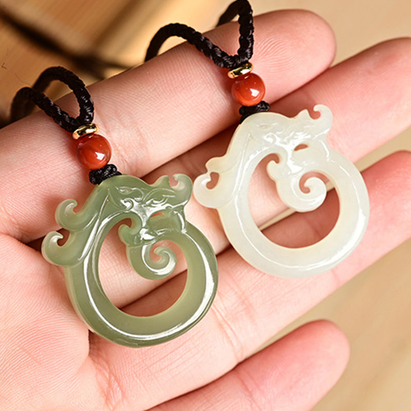Cyan & White Jade Dragon Protection Necklace 50cm