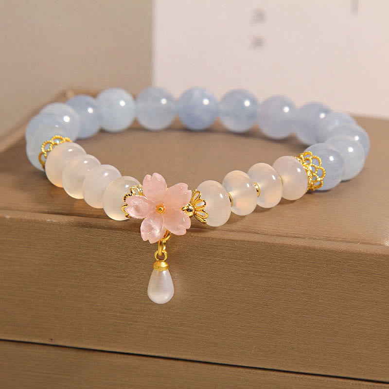 Aquamarine White Agate Flower Healing Bracelet 14cm