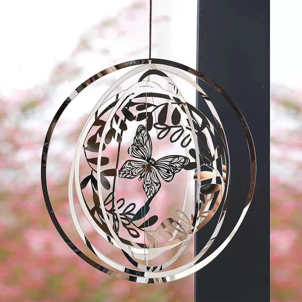 Circular hanging paper art mobile featuring butterfly and leaf design for outdoor decor