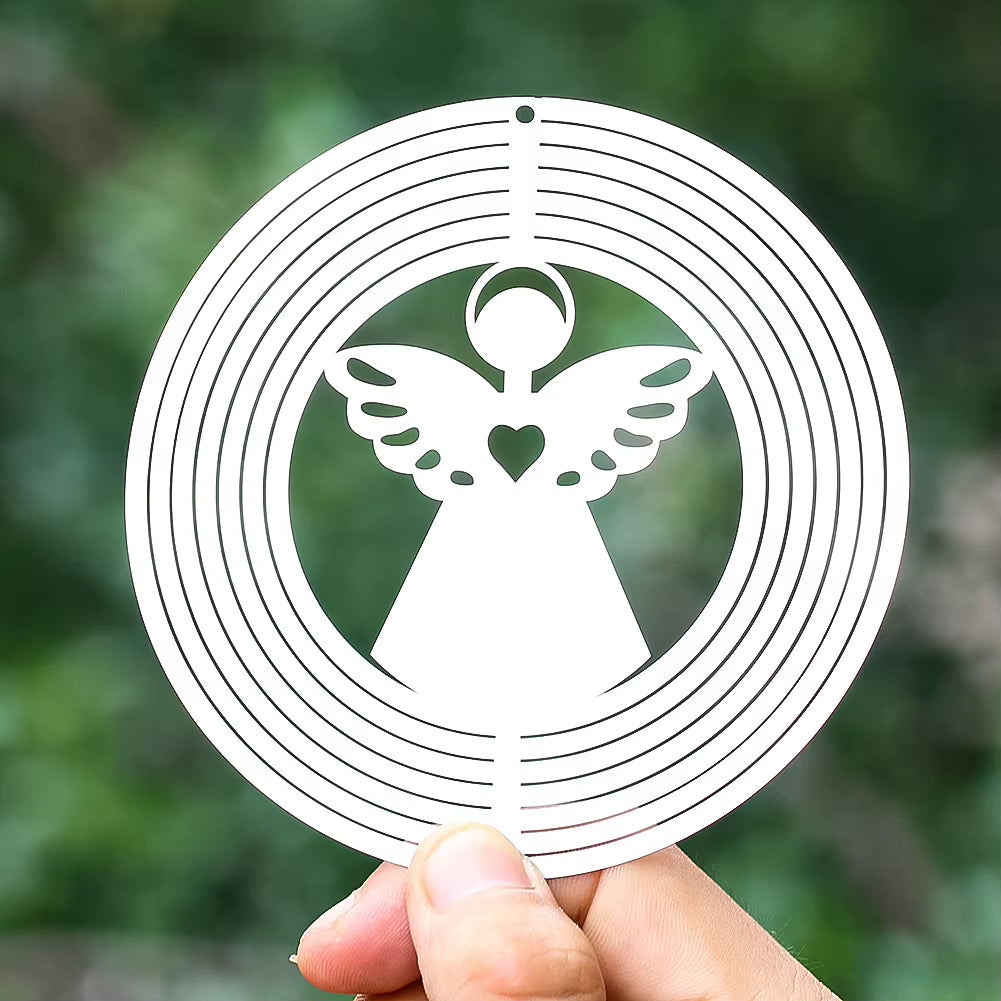 White angel wind spinner with wings and heart for garden decor