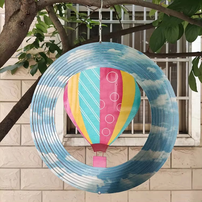 Colorful hot air balloon design on a 3D Kinetic Metal Wind Spinner Suncatcher Decor