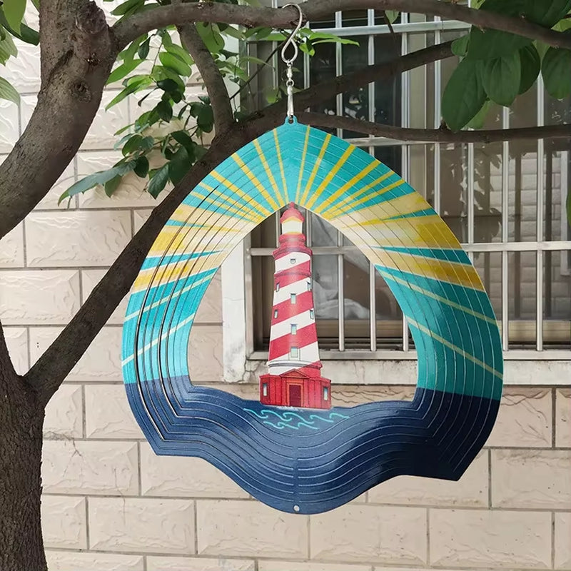 Metal wind spinner with lighthouse design in red stripes and turquoise sunburst