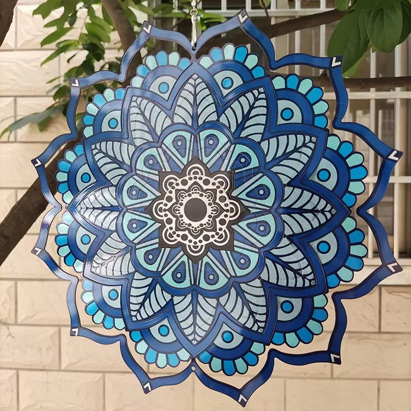 Intricate blue and white mandala design for 3D Kinetic Metal Wind Spinner Suncatcher Decor