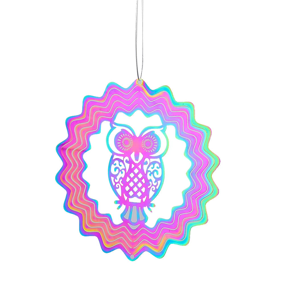 Colorful spiral-edged 3D Owl Kinetic Garden Wind Spinner with pink and blue design
