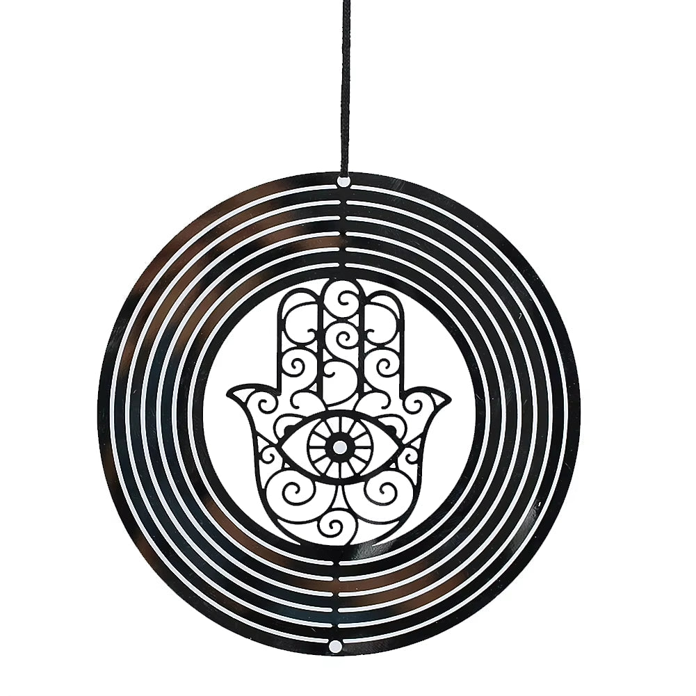 Black metal wind spinner with Hamsa hand design for garden decor