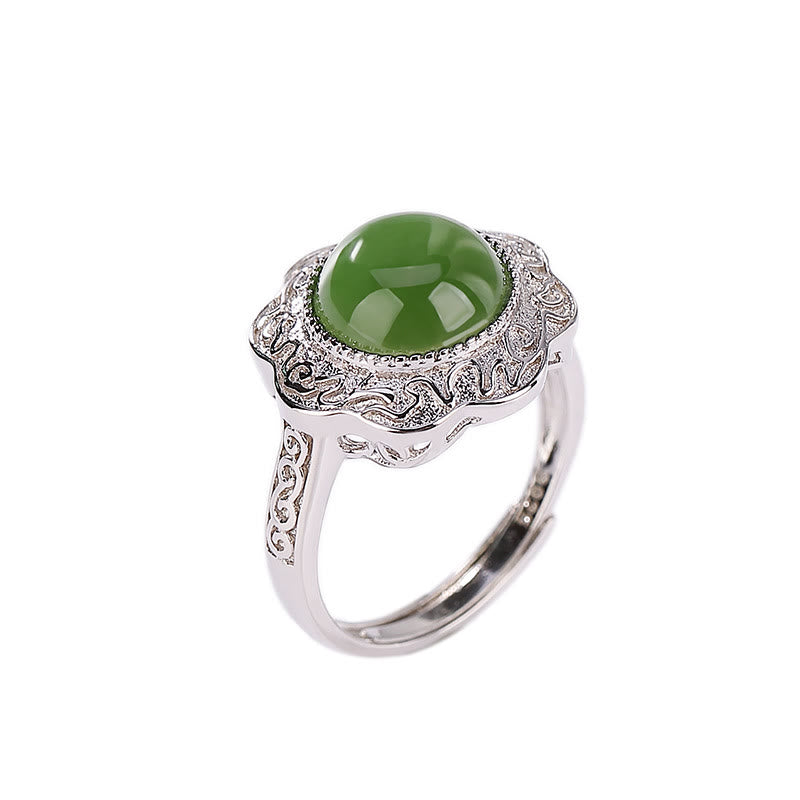 Adjustable 925 Sterling Silver Hetian Cyan Jade Luck Ring