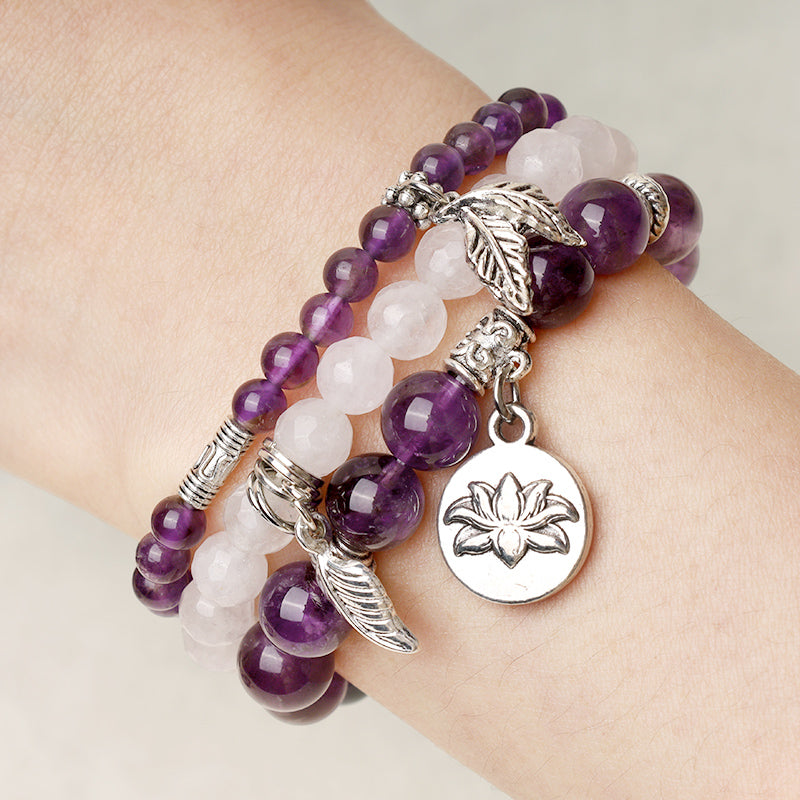 Amethyst Crystal Healing Bracelet with Lotus Symbol | 6-8mm Beads