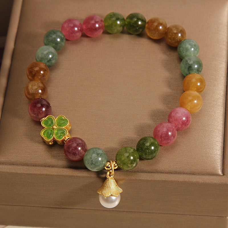 Bracelet de sagesse en tourmaline et trèfle à quatre feuilles