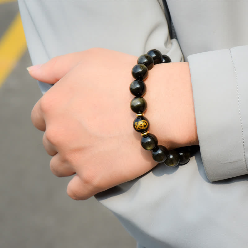 Bracelet de protection du zodiaque chinois en obsidienne dorée brillante 12 mm