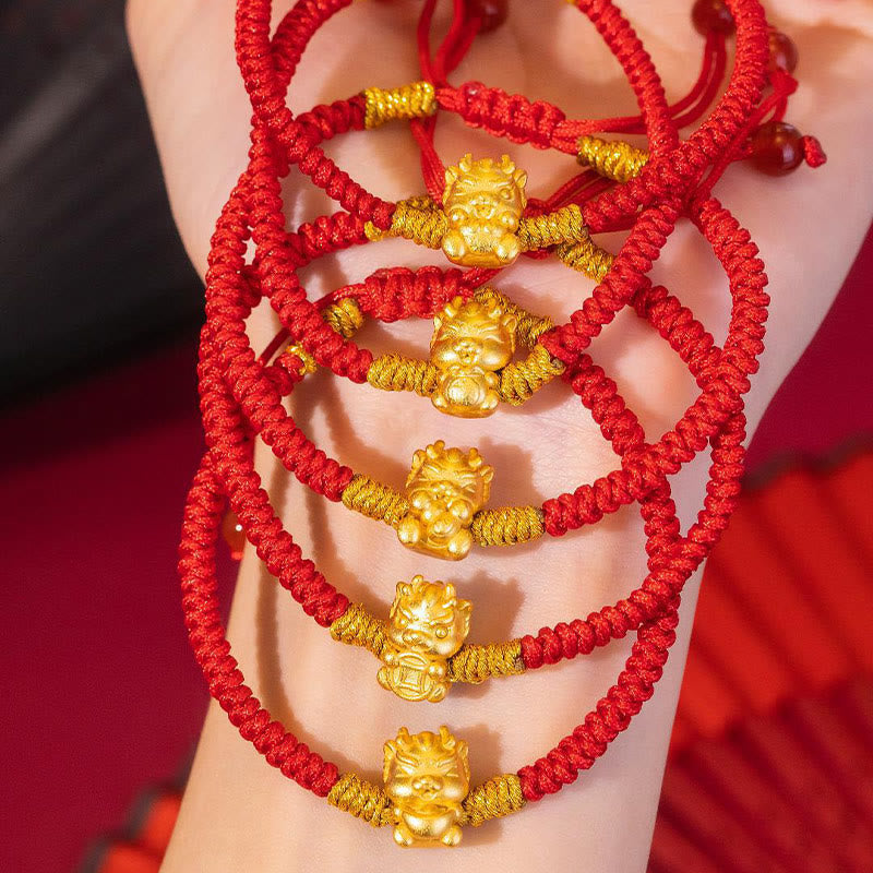 999 Sterling Silver Dragon Bracelet with Red String for Luck
