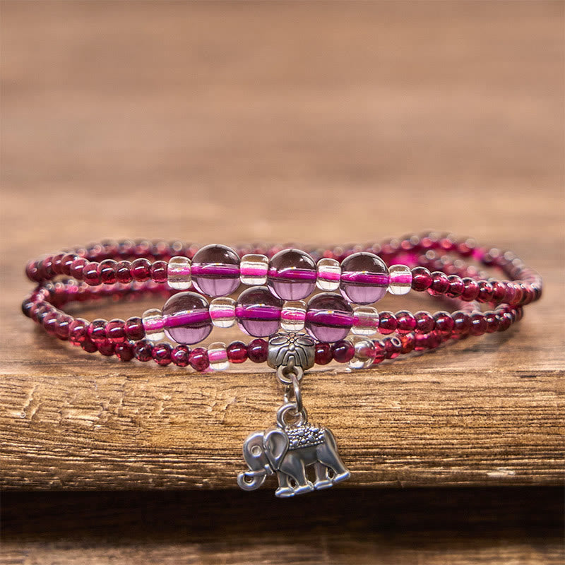 Bracelet en grenat de 3 mm avec breloque PiXiu en forme d'éléphant