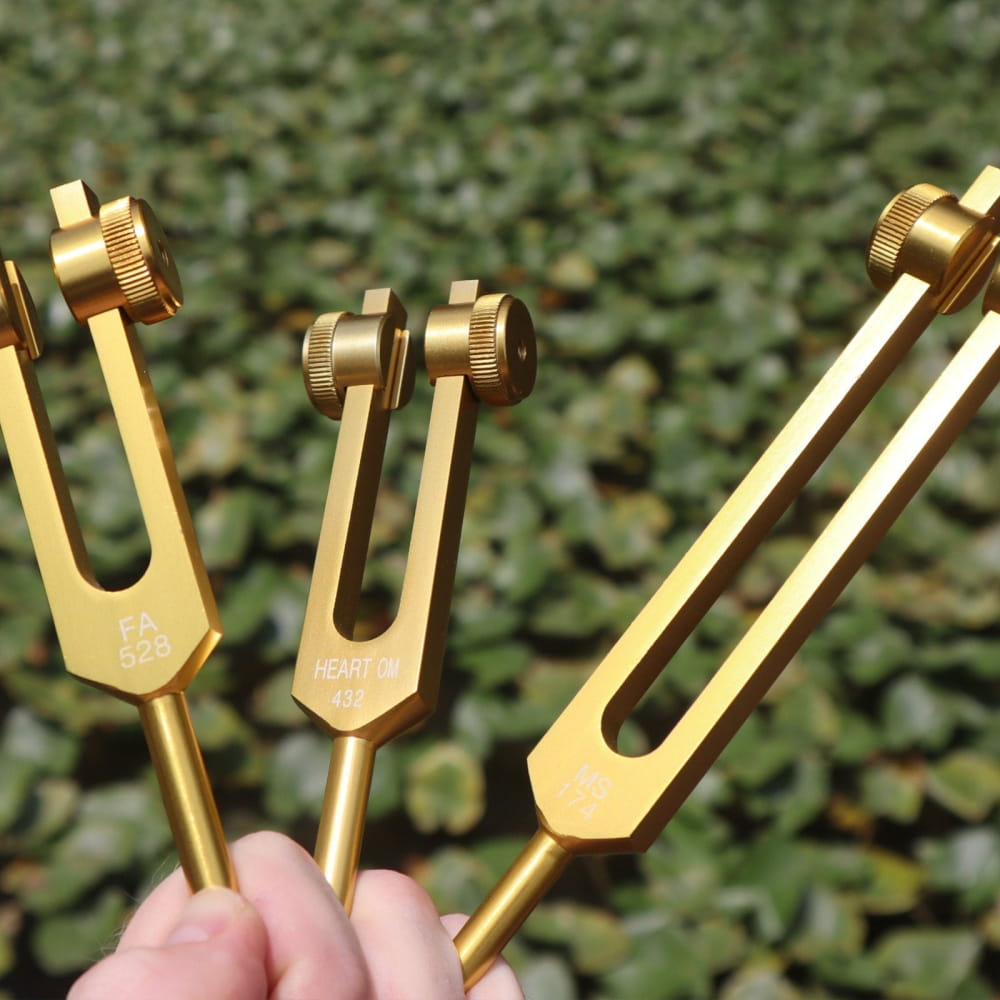 Golden tuning forks with adjustable weights in 3pc Solfeggio Tuning Fork Set