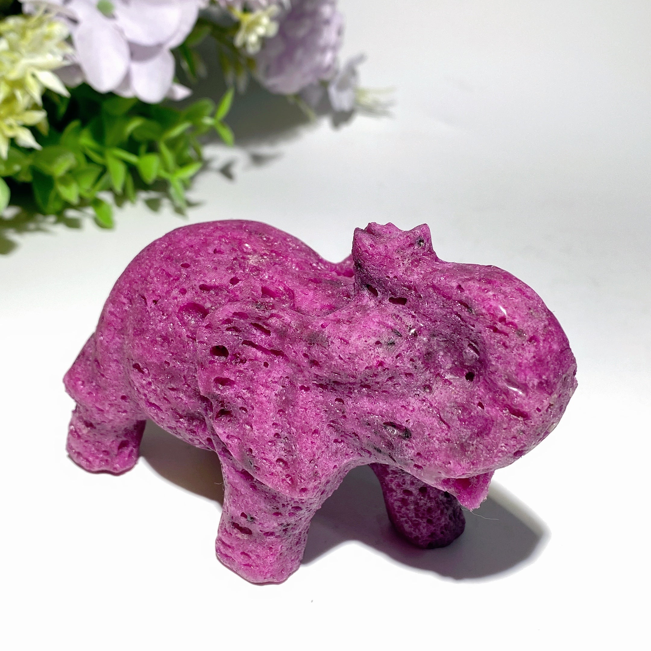 4.0-inch UV Reactive Ruby Calcite Elephant Crystal Carving