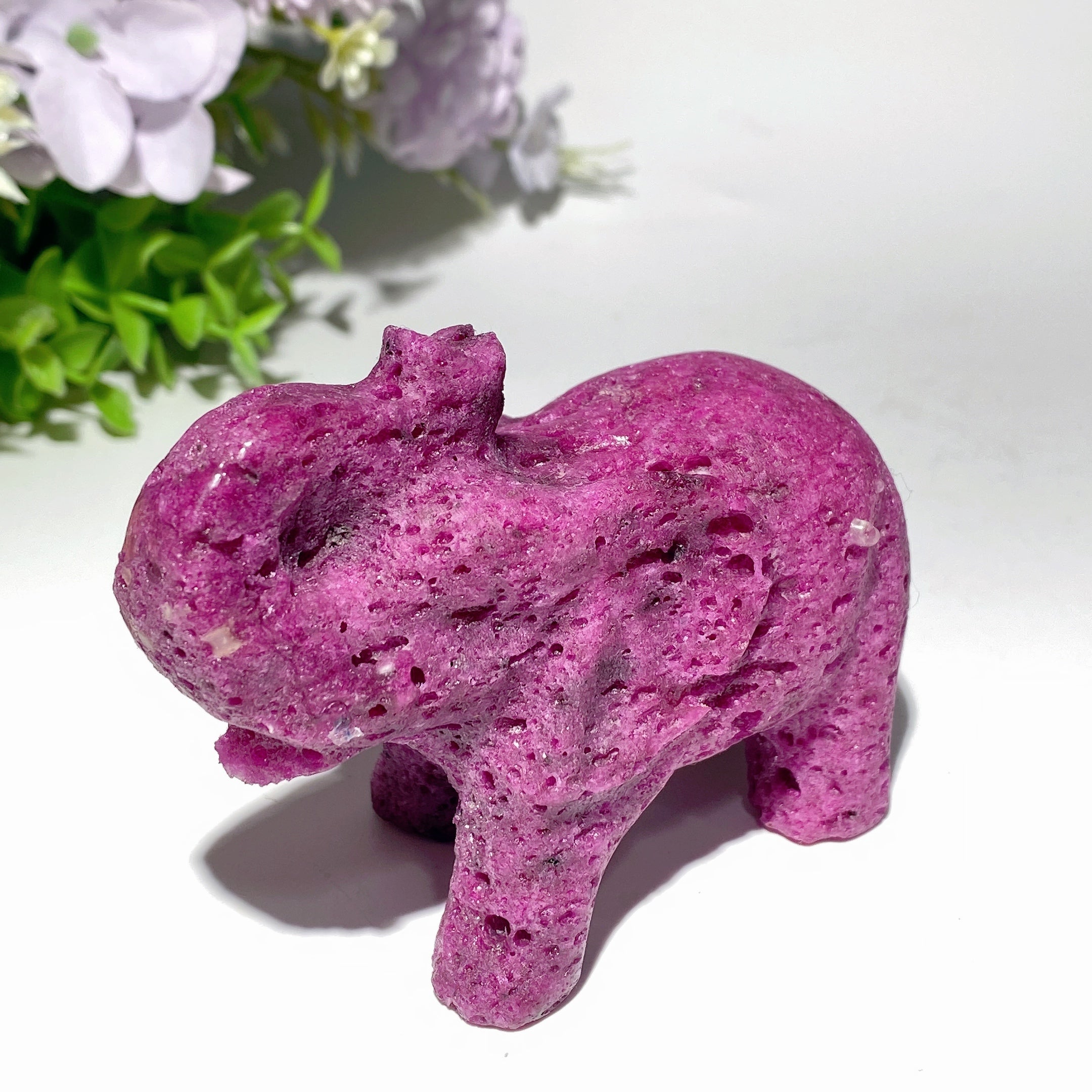 4.0-inch UV Reactive Ruby Calcite Elephant Crystal Carving