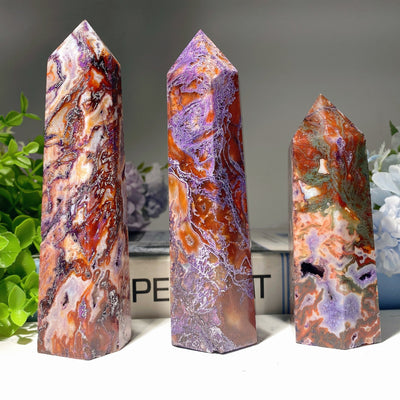 Tour de cristal de guérison en agate mousse violette de 4,5 à 6 pouces