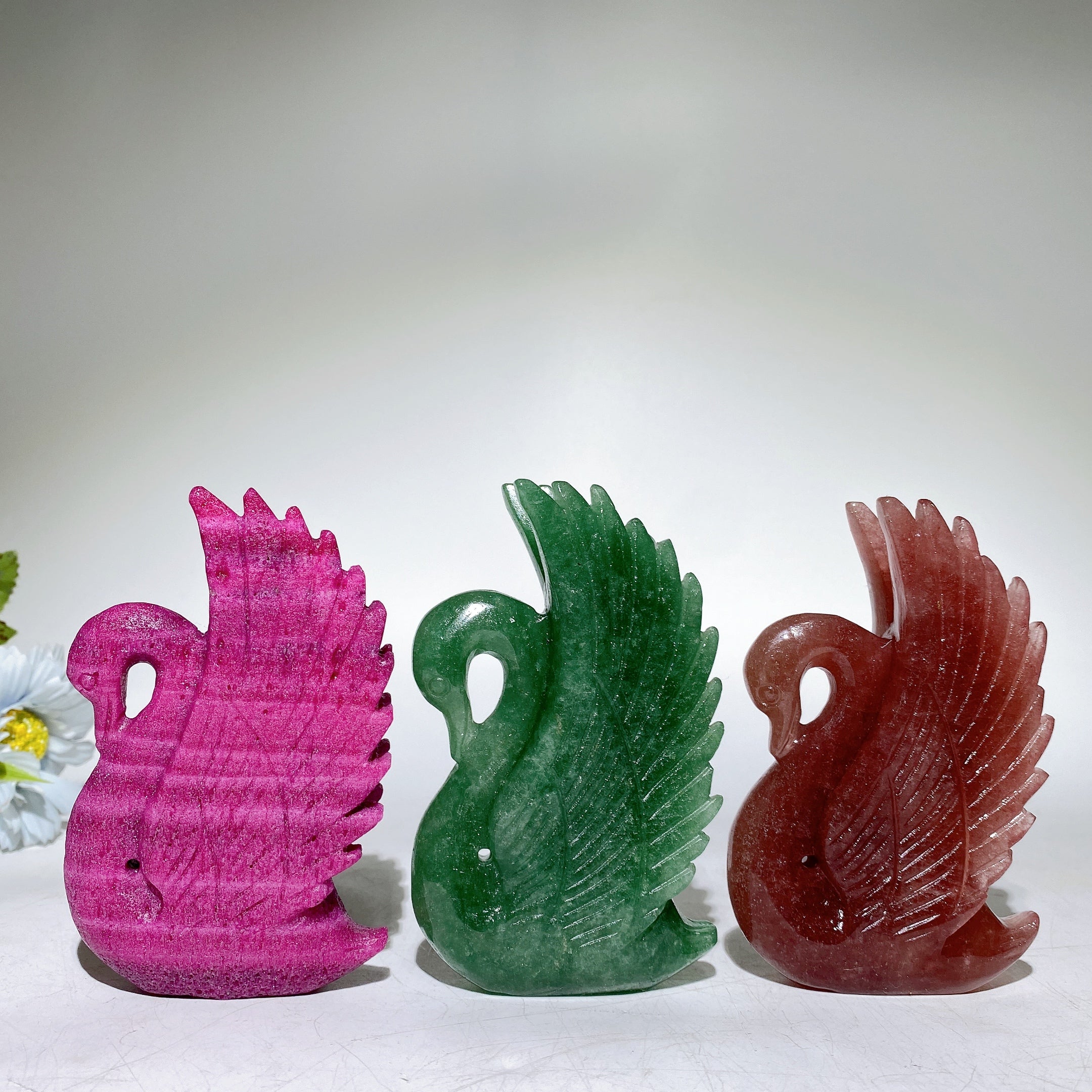 4.5" Green Strawberry Quartz Swan Figurine for Healing