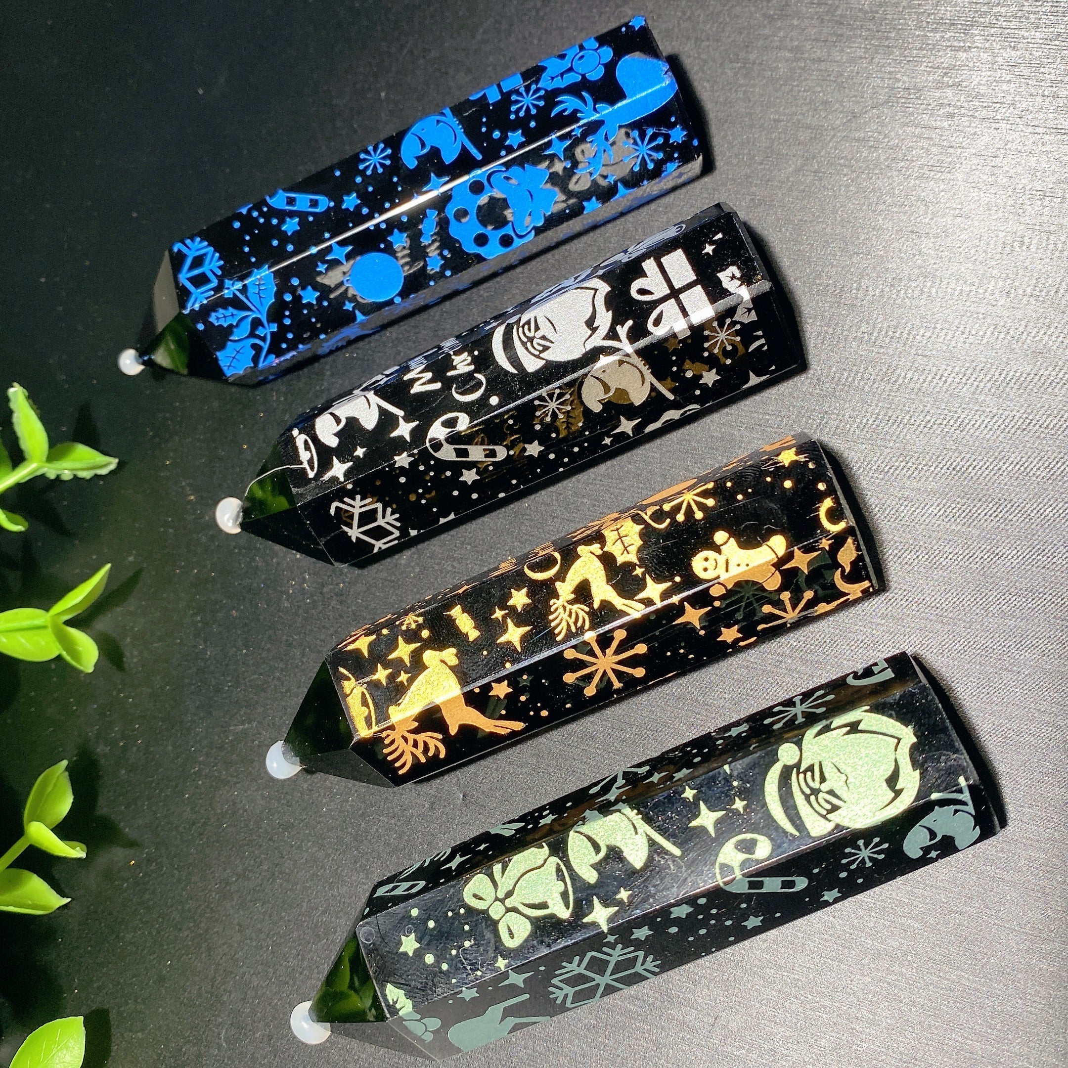 4-Inch Black Obsidian Crystal Point with Festive Prints