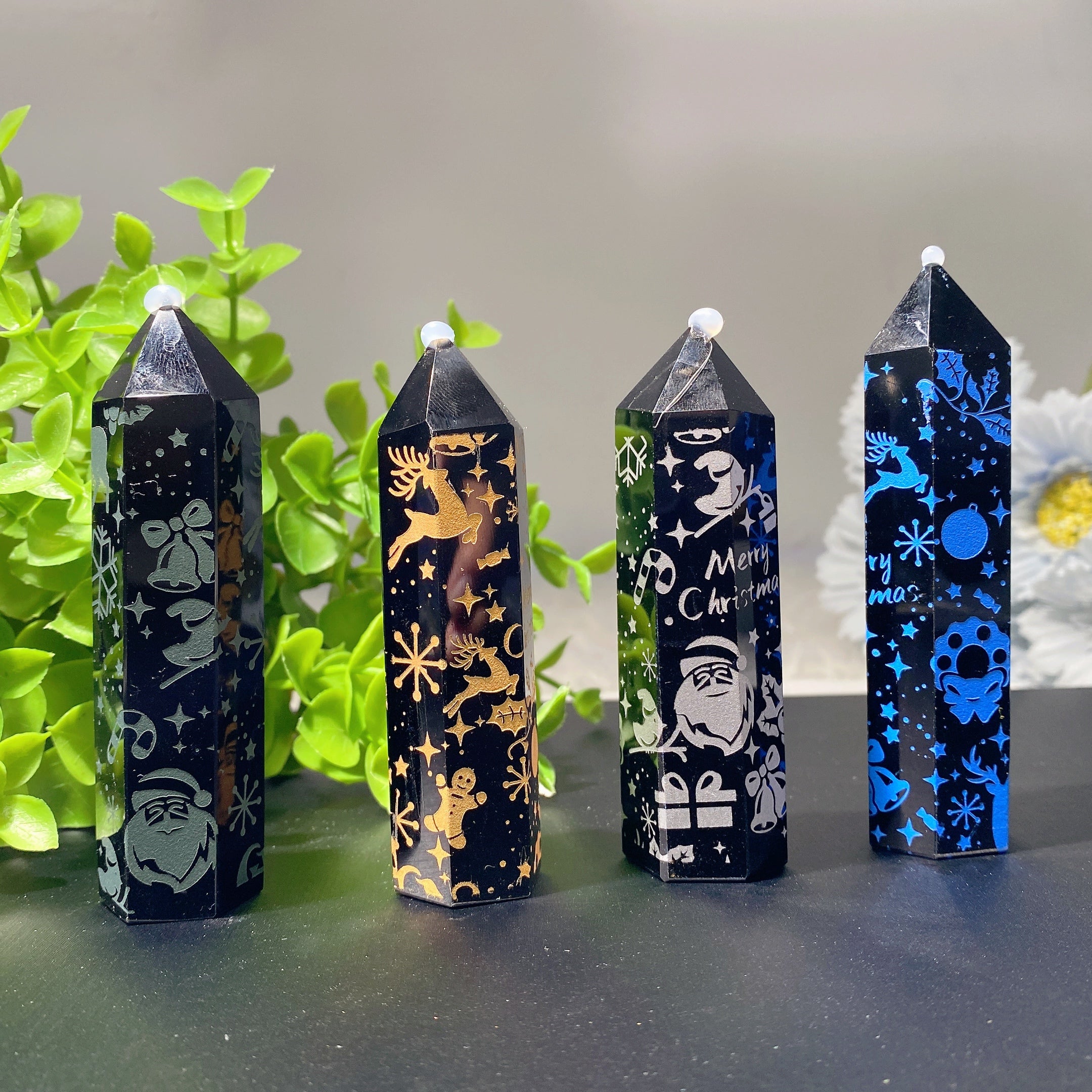 4-Inch Black Obsidian Crystal Point with Festive Prints