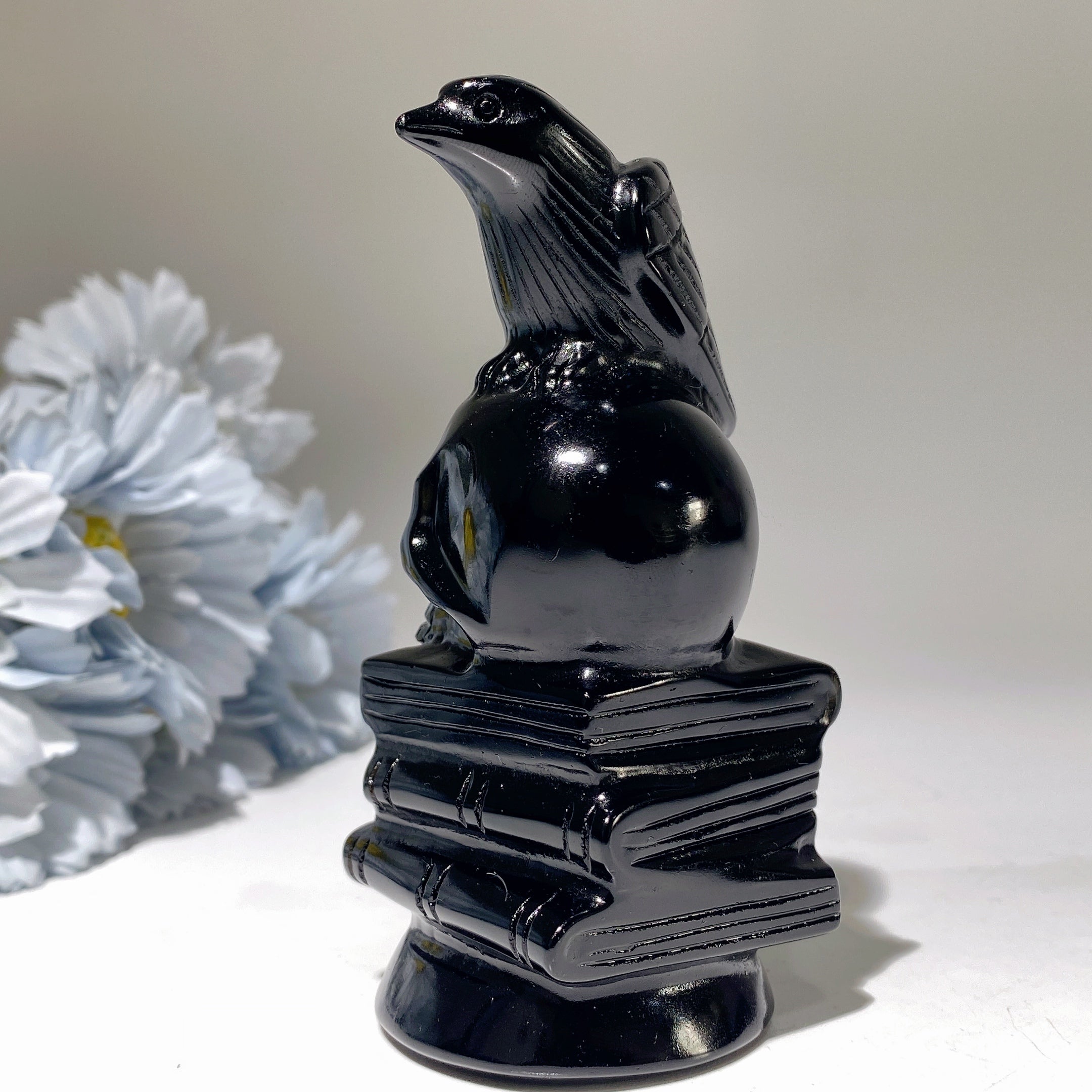 4-Inch Black Obsidian Skull with Raven on Book Figurine