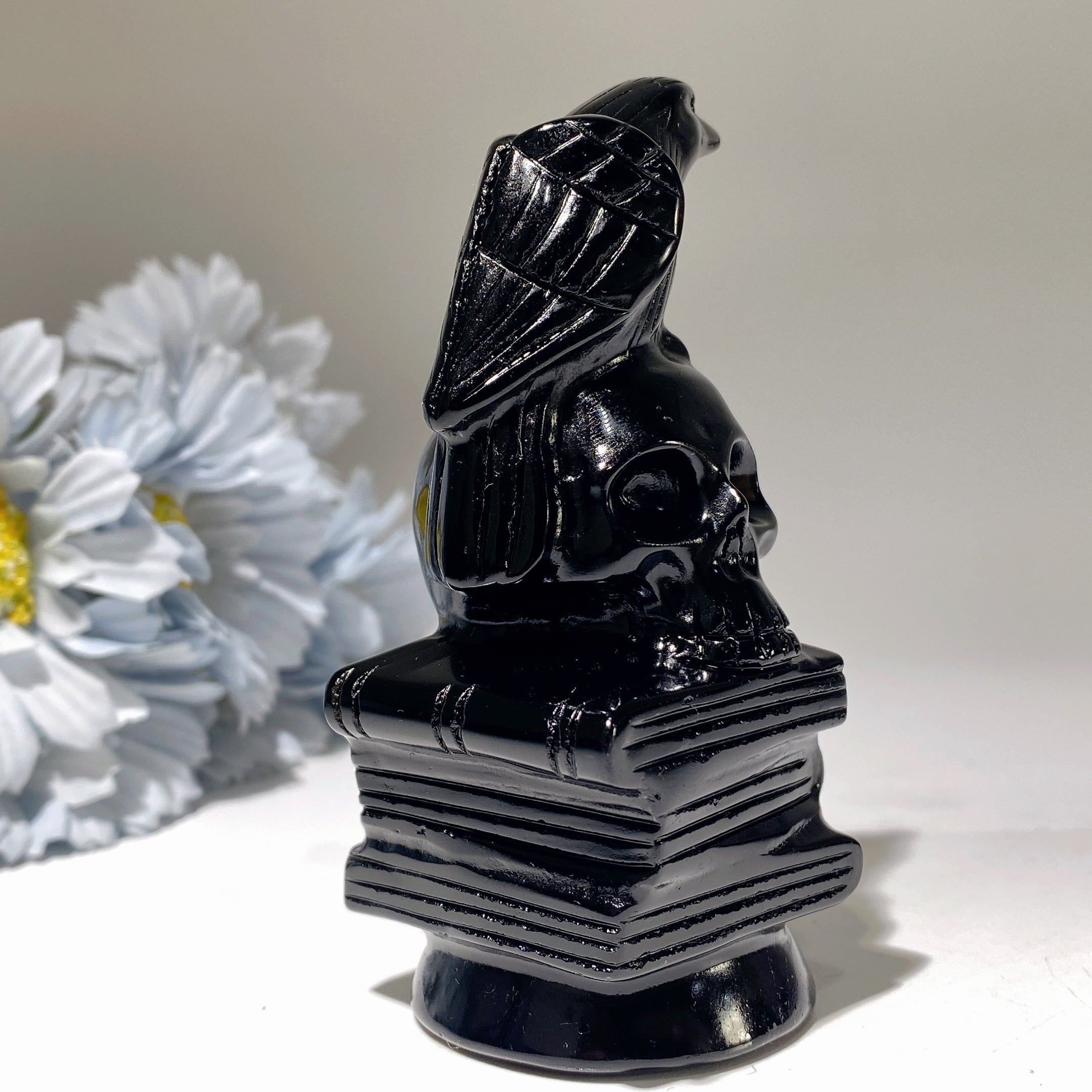 4-Inch Black Obsidian Skull with Raven on Book Figurine