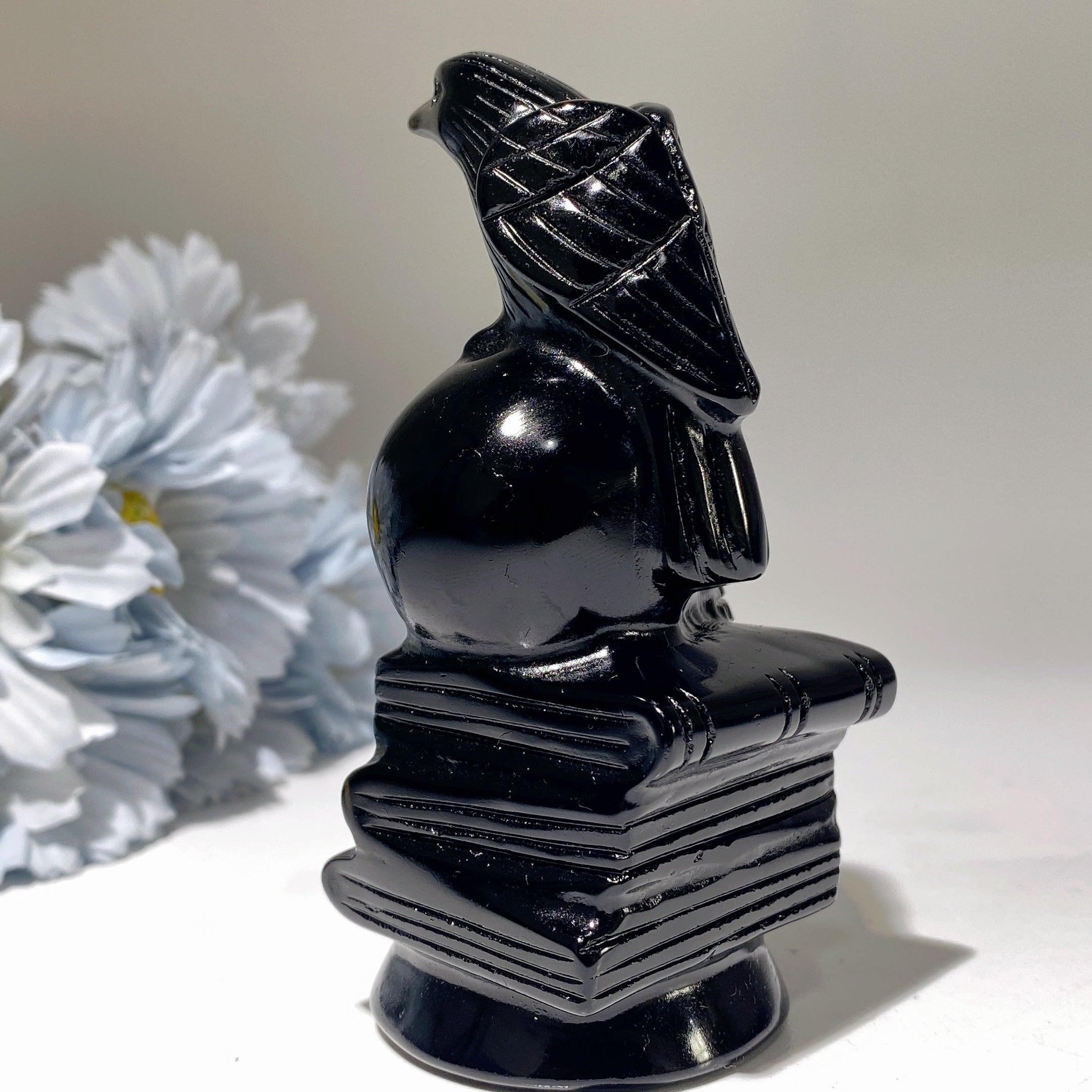 4-Inch Black Obsidian Skull with Raven on Book Figurine