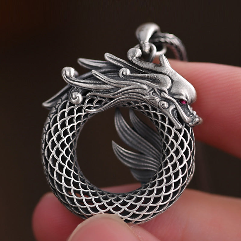 999 Sterling Silver Dragon Necklace with Peace Buckle for Auspicious Success