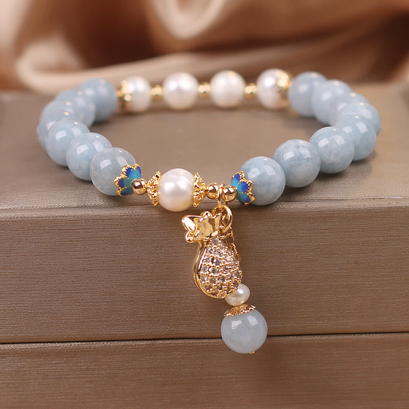 Aquamarine Pearl Fortune Money Bag Charm Bracelet