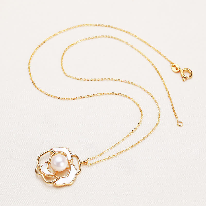 925 Sterling Silver Pearl Camellia Pattern Happiness Necklace & Earrings